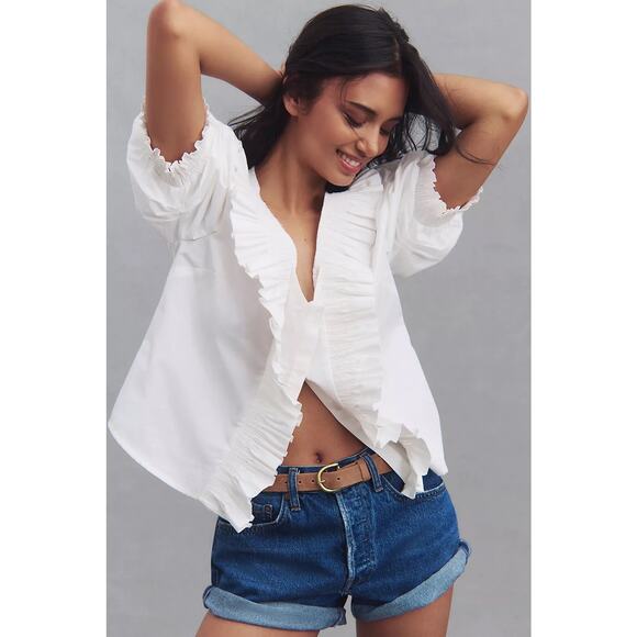 FOREVER THAT GIRL White Puff-Sleeve Ruffle Blouse Large Romantic Feminine Soft - Picture 8 of 10